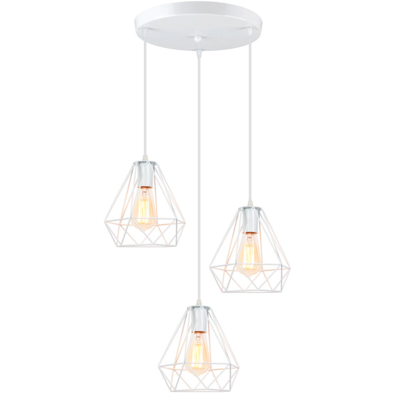 Lámparas De Colgar Diseño Jaula De Hierro Metal Lampara Colgante Forma Diamantes Ø20CM 3 Luces Para Cocina Sala Pasillo Comedor Bar (Blanco)