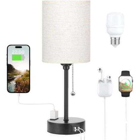 Lámparas de mesa con 3 temperaturas de color: 2700 K, 3500 K, 5000 K, lámparas de noche con puertos USB C y A, lámparas con cadena para dormitorios con toma de CA, lámparas de mesita de noche con base