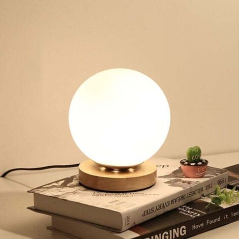 Lámparas de mesa minimalistas nórdicas creativas, lámpara de noche de madera con bola de cristal blanco, lámpara de lectura con protección ocular, con interruptor, iluminación decorativa, luz de noche