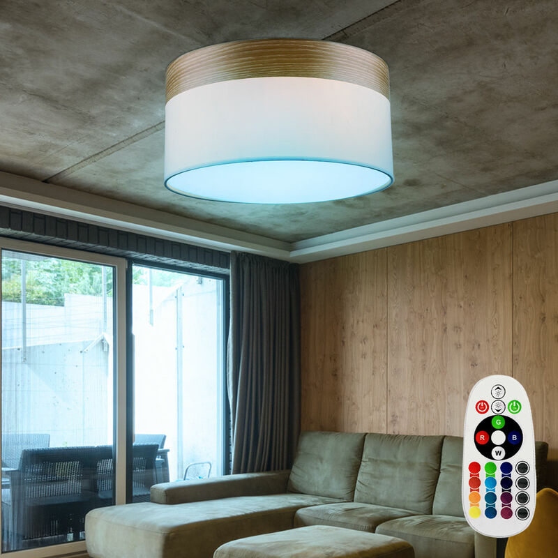 

Lámpara de techo de pasillo textil con pantalla de madera beige CONTROL REMOTO en un juego que incluye bombillas LED RGB
