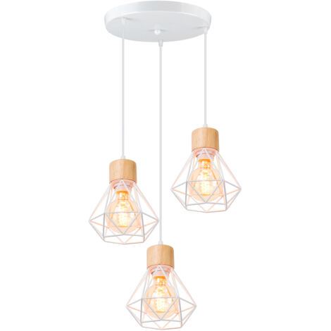 Lámparas de Techo Stoex Industrial Madera Metal Lámpara Colgante Vintage Diamantes Jaula para Sala de Estar Cocina Dormitorio E27 Blanca - 3 Luces
