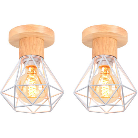 Lámparas de Techo, Vintage Plafones Ø16cm Diseño de Jaula de Diamante, Industriale Luminaria de Techo E27 para Dormitorio Salon Cocina Comedor Blanco Madera - 2 Piezas