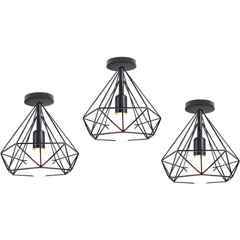 Axhup - Lámparas de Techo, Vintage Plafones con Ø25cm Jaula de Diamante, Luminaria de Techo de Metal para Dormitorio Salon (Negro) 3 Piezas