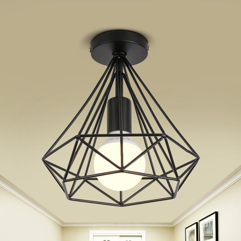 Axhup - Lámparas de Techo, Vintage Plafones con Ø25cm Jaula de Diamante, Luminaria de Techo de Metal para Dormitorio Salon (Negro) 1 Pieza