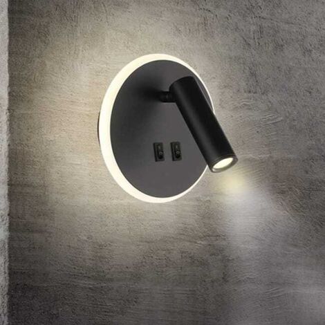 Lámparas LED de mesita de noche, apliques de pared para interiores de hotel, apliques de pared para cama, apliques de pared para pasillo con interruptor, color negro, 3W + 7W (redondas)