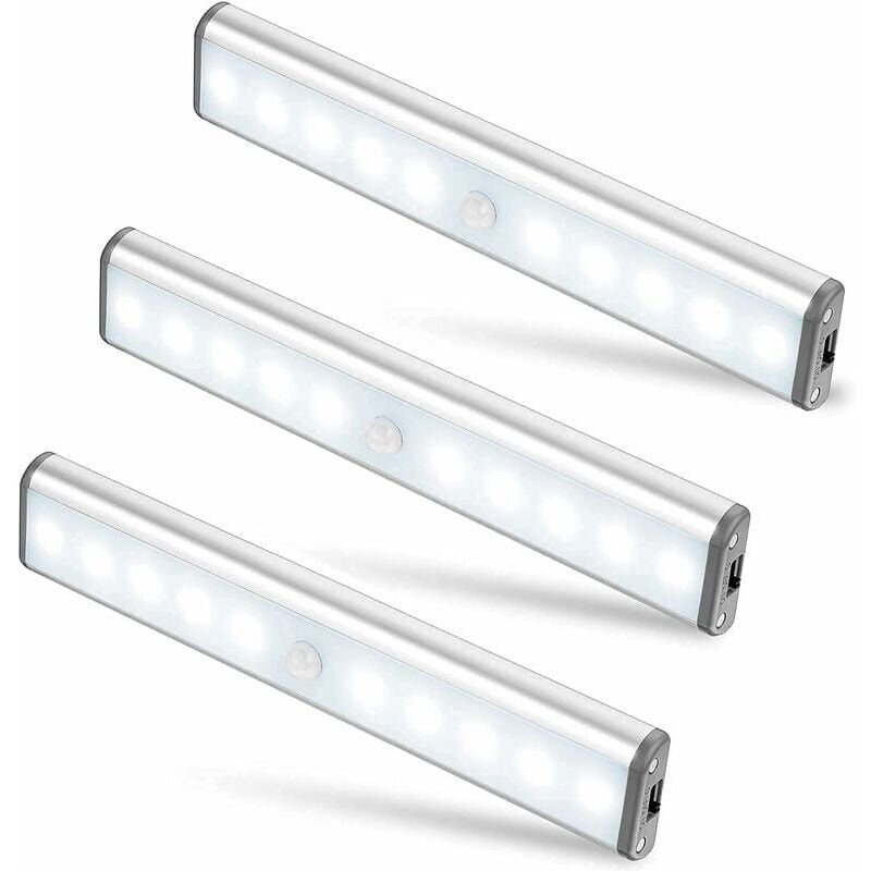 Lot de 3 Lampes 10 led, Sans Fil, Rechargeable par usb, Aimanté, Détecteur de Mouvement, 2 Modes d'Éclairage, Portable. Lumière de Placard, Baladeuse