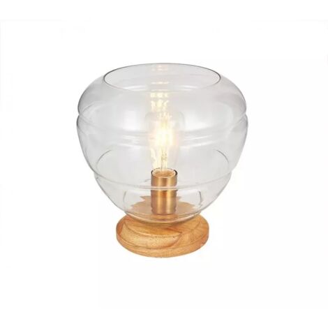Lampe 28 cm en verre transparent et socle bois - VALO ART DECO