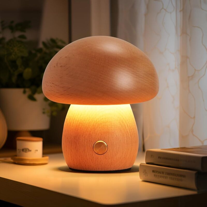 Lampe à champignons en bois, Petite lampe sans fil portable, Lampe à batterie rechargeable, Dimming sans étape, Lumière de nuit pour cadeaux