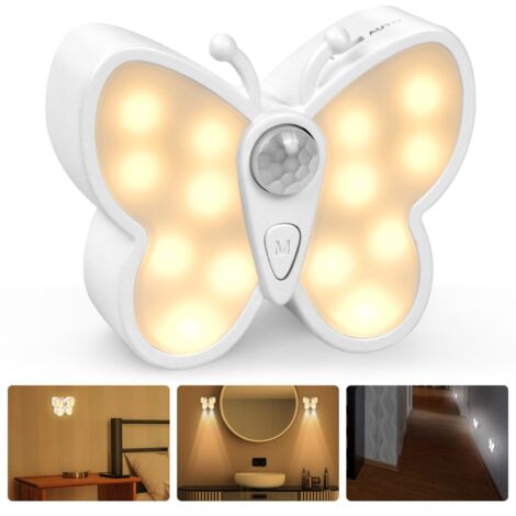 Lampe à détecteur de mouvement, Papillons Lampe Detecteur de Mouvement Interieur, Veilleuse LED Rechargeable Lumiere 3 Modes, Applique murale magnétique sans fil Pour Couloir,Chambre D'enfant.