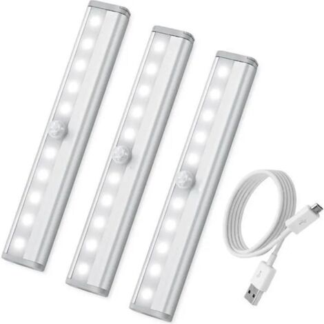 Lampe à détection de présence - 10 LED - Rechargeable par USB - 200 lumens - 500 mAh - Usage intérieur - Lot de 3
