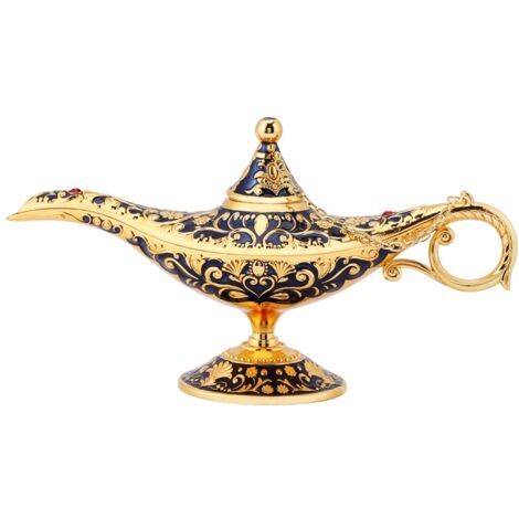 Lampe à huile et théière rétro sculptée métal, décoration intérieure bleu saphir