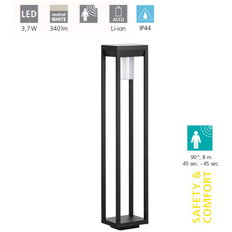 Lampe à peau martano alu noir LED 3.7W 4000K IP44 L: 15cm B: 15cm H: 80 cm avec capteur