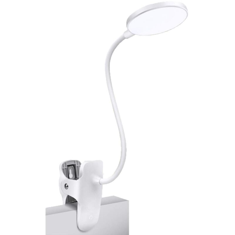 Ensoleille - Lampe à pince 5 w, lampe de lecture de chevet led, lumière blanche et lampe à pince à 3 luminosités avec adaptateur, lampe de lecture de