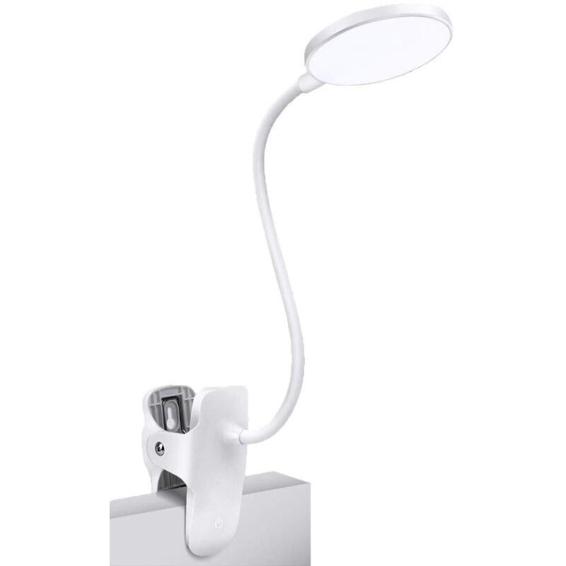 Lampe à pince 5 w, lampe de lecture de chevet led, lumière blanche et lampe à pince à 3 luminosités avec adaptateur, lampe de lecture de chevet