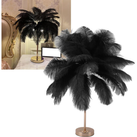 Lampe à Plumes à Interrupteur Tactile, Créatif Noir Autruche Plume Lampe De Table, Abat-Jour avec Veilleuse Éclairage De Table pour Salon, Chambre, Bar, Décoration de La Maison