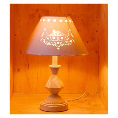 Lampe à poser avec abat-jour ajouré et pied en bois sculpté - E14 - Bois et crème - Autres couleurs