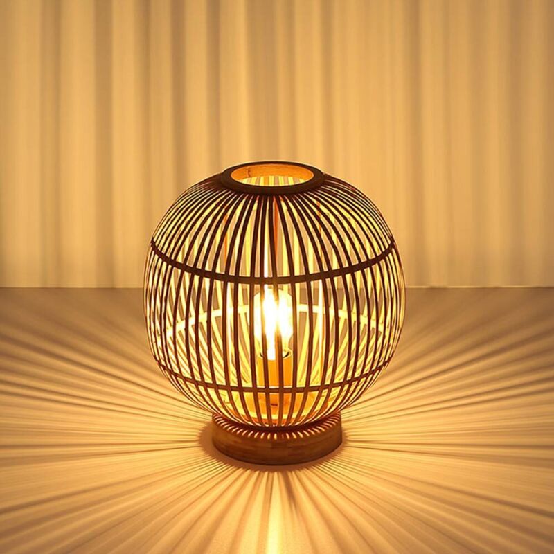 Globo - Lampe à poser bambou bohème lampe de chevet lampe boule chambre couleur naturelle, 1x douille E27, DxH 30x33,5 cm