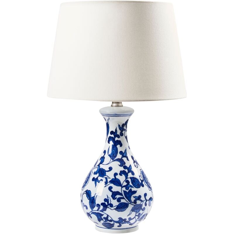 Beliani - Lampe à Poser de Table en Porcelaine Abat-Jour Tambour en Lin Base Florale Éclairage Bleu et Blanc Carmen