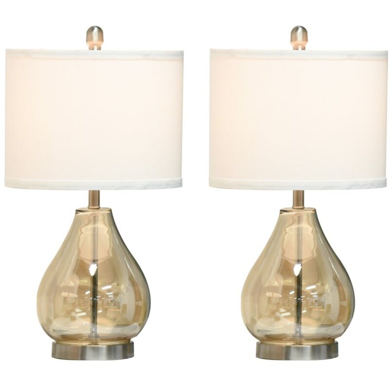 Lampe à poser double-2 lampes de chevet style industriel-E27-verre et lin-acier-ambre-30x30x56cm