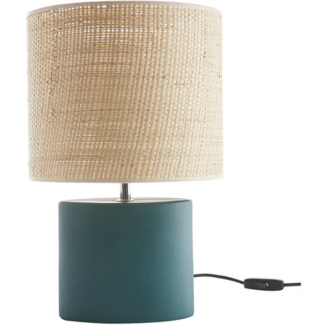 Lampe à poser en céramique bleu pétrole mat et abat-jour en raphia naturel H40 cm TIGA