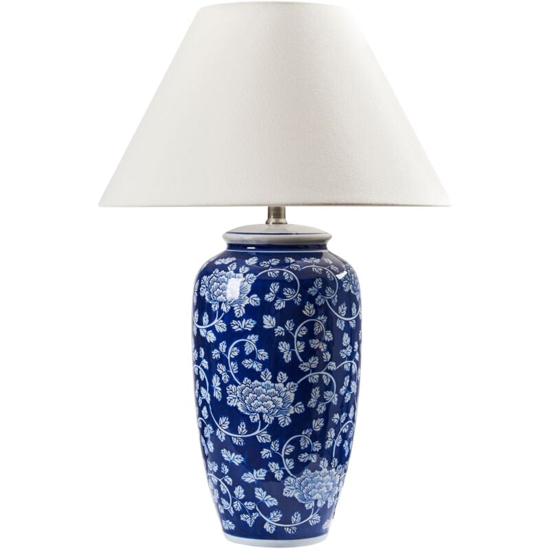 Lampe à Poser en Porcelaine avec Motif Abat-Jour en Lin en Forme de Tambour Éclairage Chambre Salon Élégant Bleu et Blanc Angeles