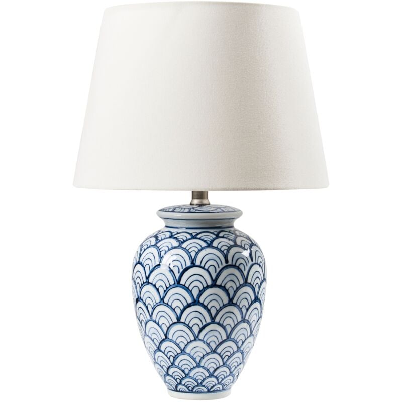 Beliani - Lampe à Poser en Porcelaine Base Abat-Jour en Lin avec Motif Éclairage Salon Chambre Bleu et Blanc Jauca