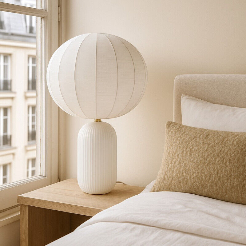 Lampe à poser en verre transparent opale et abat-jour toile Lucas
