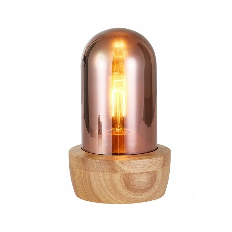 Lampe à poser en verre teinté couleur cuivre et socle bois style nordique - GIRO - Cuivré