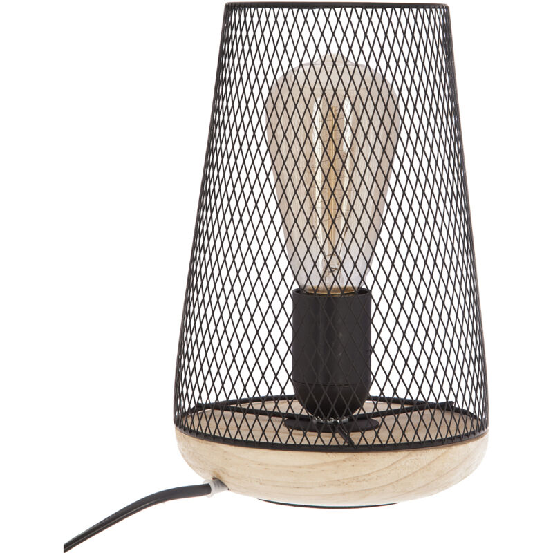 Atmosphera - Lampe de table en métal et bois noir, design grillage Zely, hauteur 24 cm, idéal pour ampoule décorative, livraison gratuite