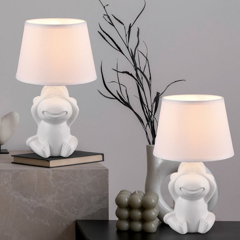 Etc-shop - Lampe à poser Lampe à poser Veilleuse Lampe de chevet, interrupteur cordon singe design céramique blanc mat abat-jour en tissu, 1x douille