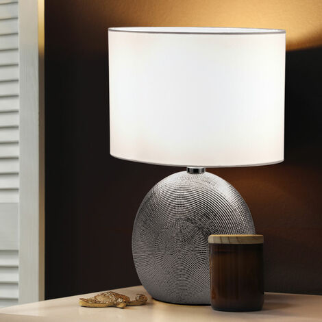 Lampe à poser lampe de table de salon lampe de chevet en céramique blanc argenté, abat-jour textile chambre, 1x douille E14, LxPxH 24x15x37 cm