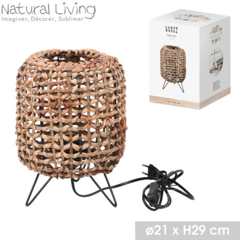 Lampe à poser "Nessa" en jacinthe d'eau métal - Beige/Noir - D 21 x H 29 cm - Livraison gratuite