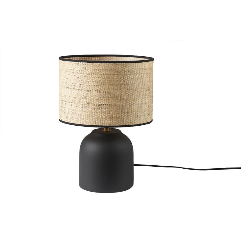 Lampe à poser noire en céramique mate et abat-jour en raphia H35 cm ROCHA