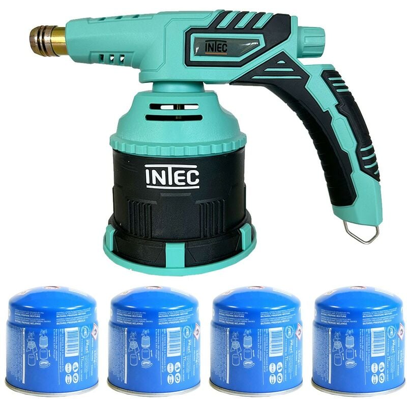 Lampe a souder à gaz 1200 °c Chalumeau gaz Allumage piezo + 4 Cartouches de gaz 190gr Perçables Bruleur Intec