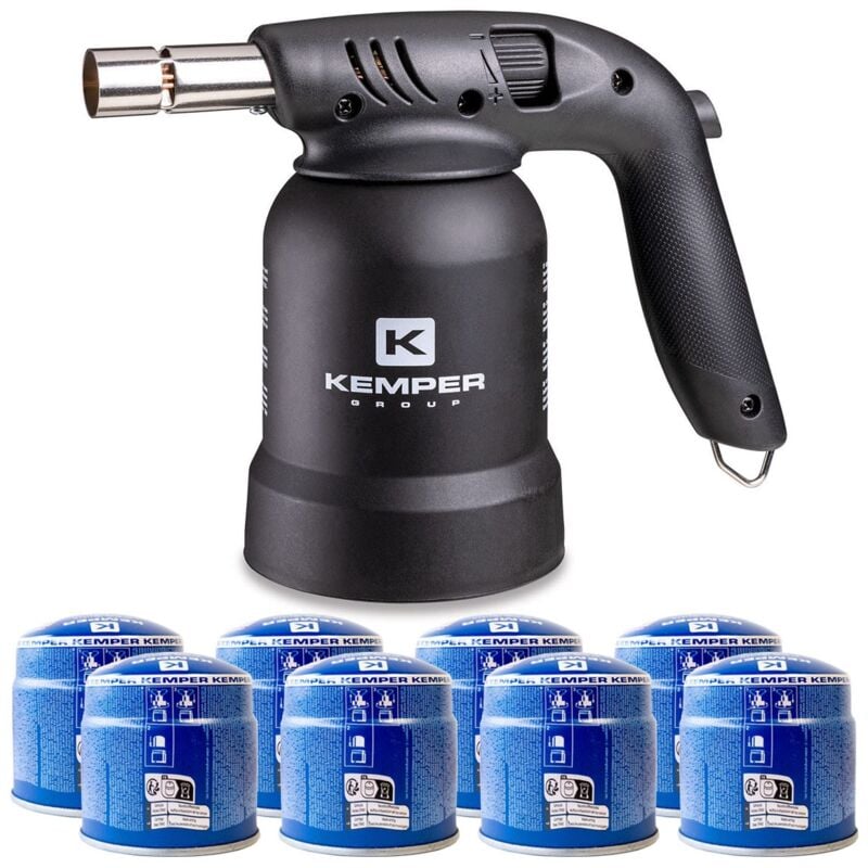 Kemper - Lampe à souder à gaz Professionnelle Utilisation 360° Chalumeau gaz Allumage piezo + 8 Cartouches gaz Perçables