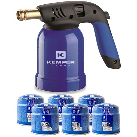 Lampe a souder Coque Acier Allumage piezo + 6 Cartouches de gaz 190gr STOP GAZ Perçables KEMPER
