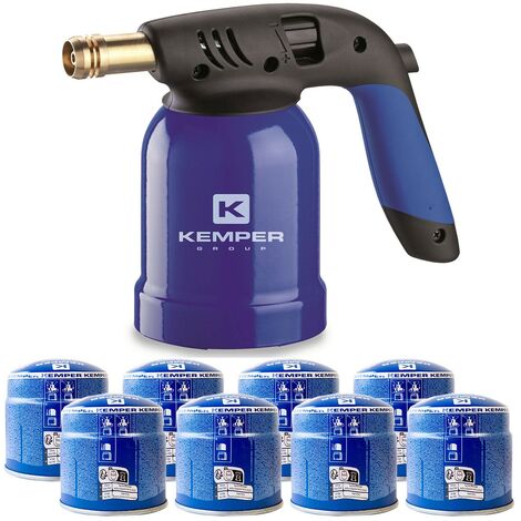 Lampe a souder Coque Acier allumage piezo + 8 Cartouches de gaz 190gr STOP GAZ Perçables KEMPER