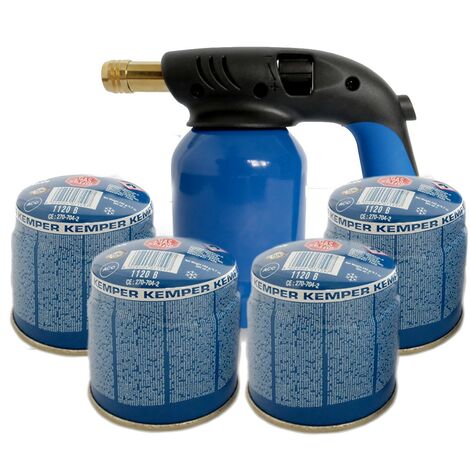 Lampe a souder Coque Acier llumage piezo + 4 Cartouches de gaz 190gr STOP GAZ Perçables KEMPER