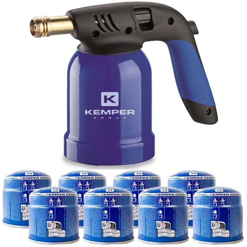 Kemper - Lampe a souder Coque Acier allumage piezo + 8 Cartouches de gaz 190gr stop gaz Perçables