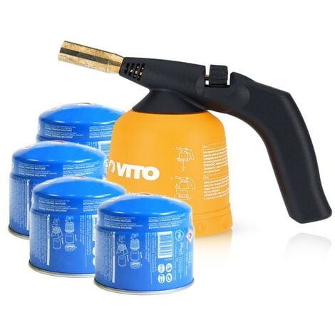 Lampe à souder VITO Allumage piezo coque ABS + 4 Cartouches gaz 190gr Sécurité stop gaz