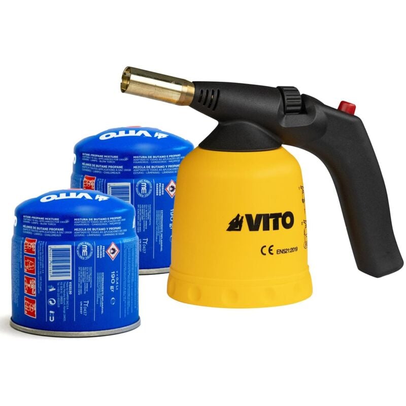 Lampe a souder à gaz abs Allumage piezo + 2 Cartouches de gaz 190gr Perçables Vito