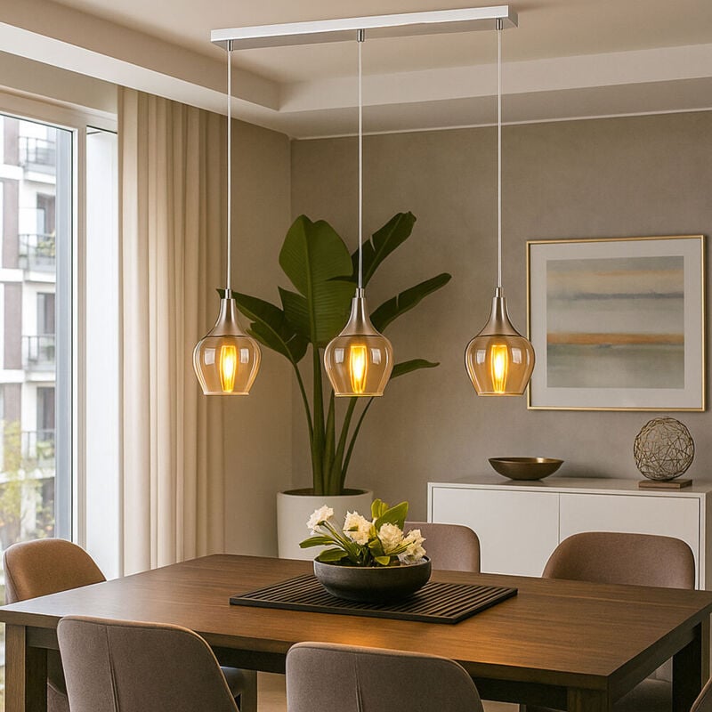 Lampe à suspendre à 3 flammes Lampe à suspendre en verre Rétro Lampe de salle à manger Abat-jour en verre, métal, 3x E14 douille, LxlxH 65x15x150 cm
