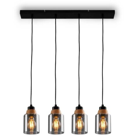 Lampe à suspendre, avec bois, verre fumé, 4xE27/max.