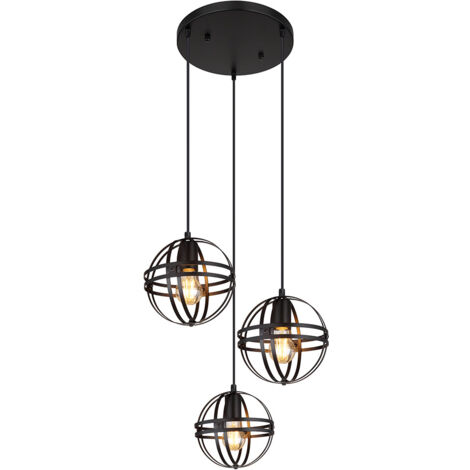 Lampe à suspendre Cage industrielle Lampe à suspendre à 3 flammes noire, métal, 3x E27 douille, DxH 47x120 cm