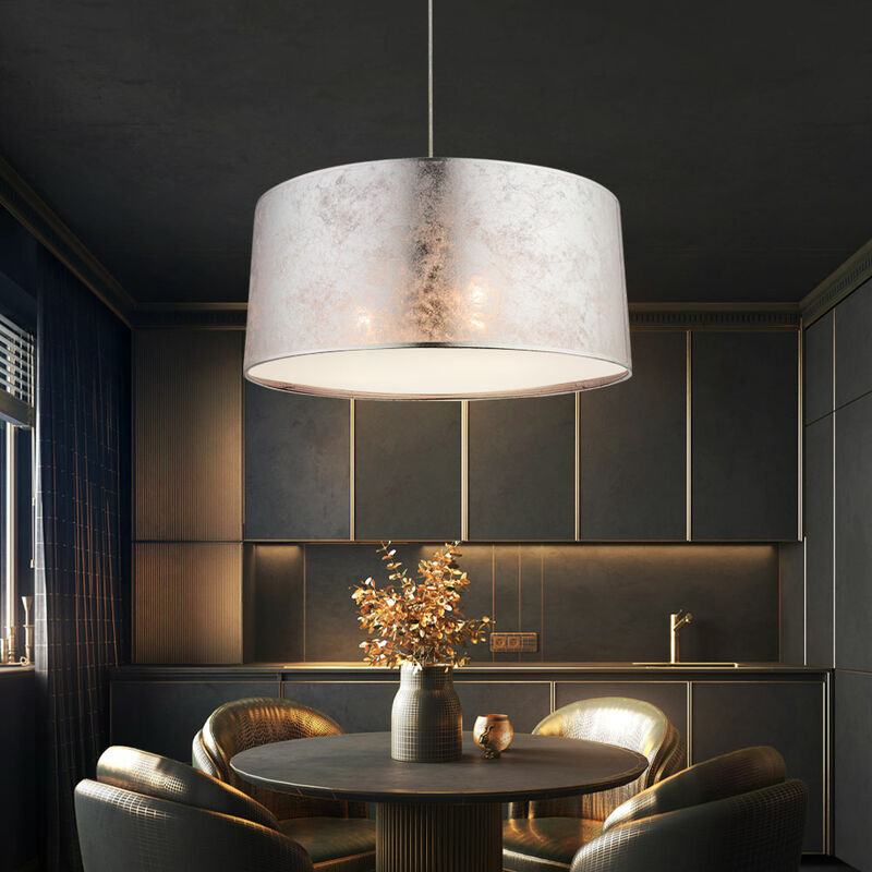 Etc-shop - Lampe à suspension avec abat-jour en tissu plafonnier argenté rond, 3x E27, diamètre x hauteur 53x140 cm, salon salle à manger
