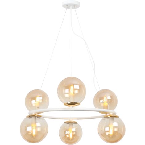 LAMPE À SUSPENSION BLANC-OR AURA 6-ABAT-JOUR PLAT MIEL E14