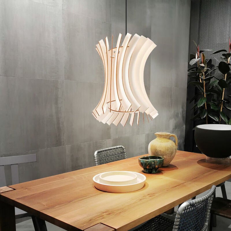 Lampe à suspension bois abat-jour vintage lampe à suspension bois lattes, bois naturel design vintage style lattes noires courbées, 1x douille E27,