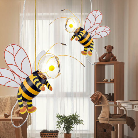Lampe à suspension chambre d'enfant suspension abeille lampe de chambre LED garçon fille, métal noir jaune, LED 7W 700lm 2700K blanc chaud, LxlxH 36x25x120 cm, lot de 2