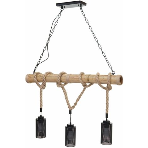 Lampe à suspension corde de bambou design vintage industrielle métal noir abat-jour tube 3x 040003599