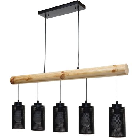 Lampe à suspension de plafond style vintage industriel en bois massif métal noir 5 abat-jour en tube 040003600
